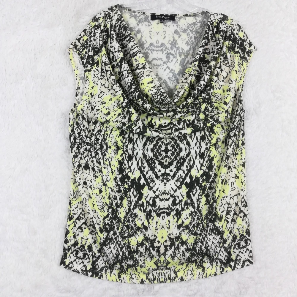 Evan-Picone Womens Top Blouse Sleeveless Cowl Neck Yellow Black Abstract Knit 1X